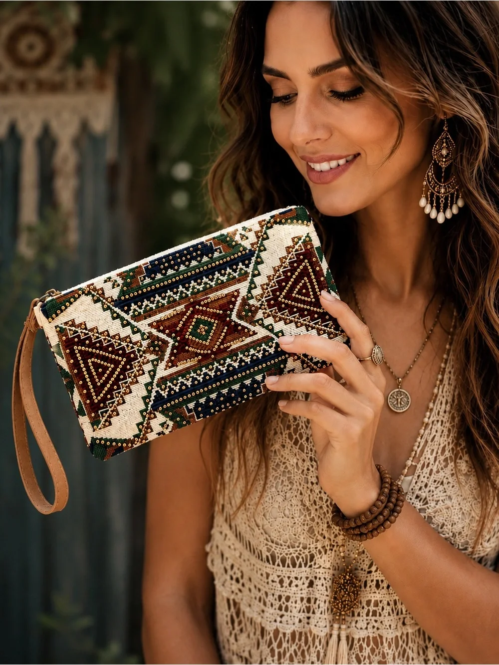 Handmade Ruggine Beaded Ethnic Jacquard Wristlet Clutch